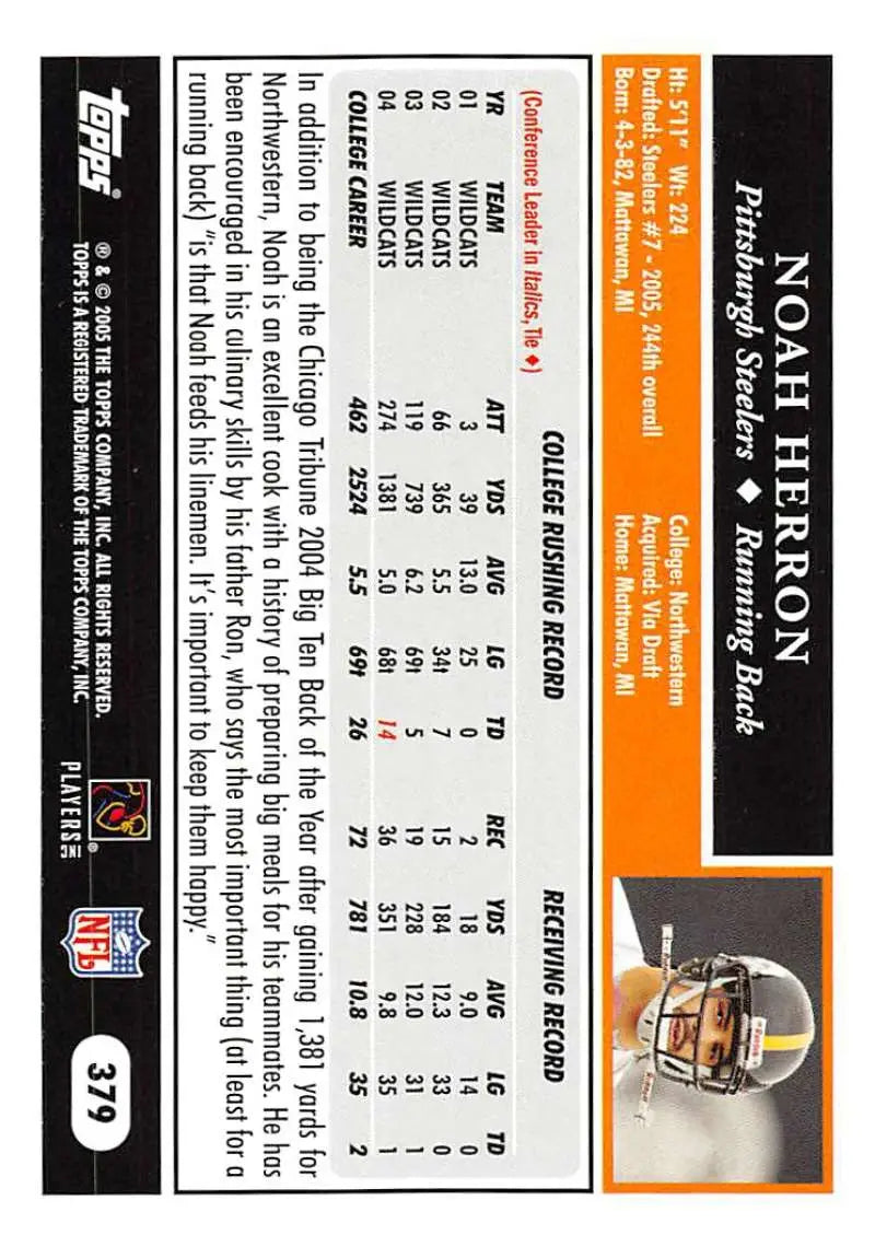 2005 Topps #379 Noah Herron NM-MT RC Rookie Pittsburgh Steelers Football Card - Football Card Single
