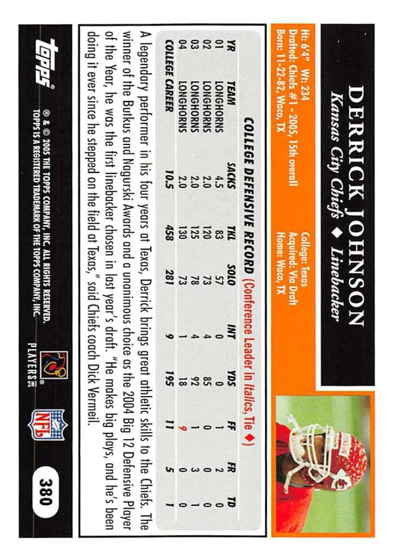 2005 Topps #380 Derrick Johnson NM-MT RC Rookie Kansas City Chiefs Football Card - Football Card Single