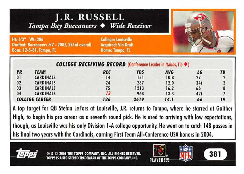2005 Topps #381 J.R. Russell NM-MT RC Rookie Tampa Bay Buccaneers Football Card - Football Card Single