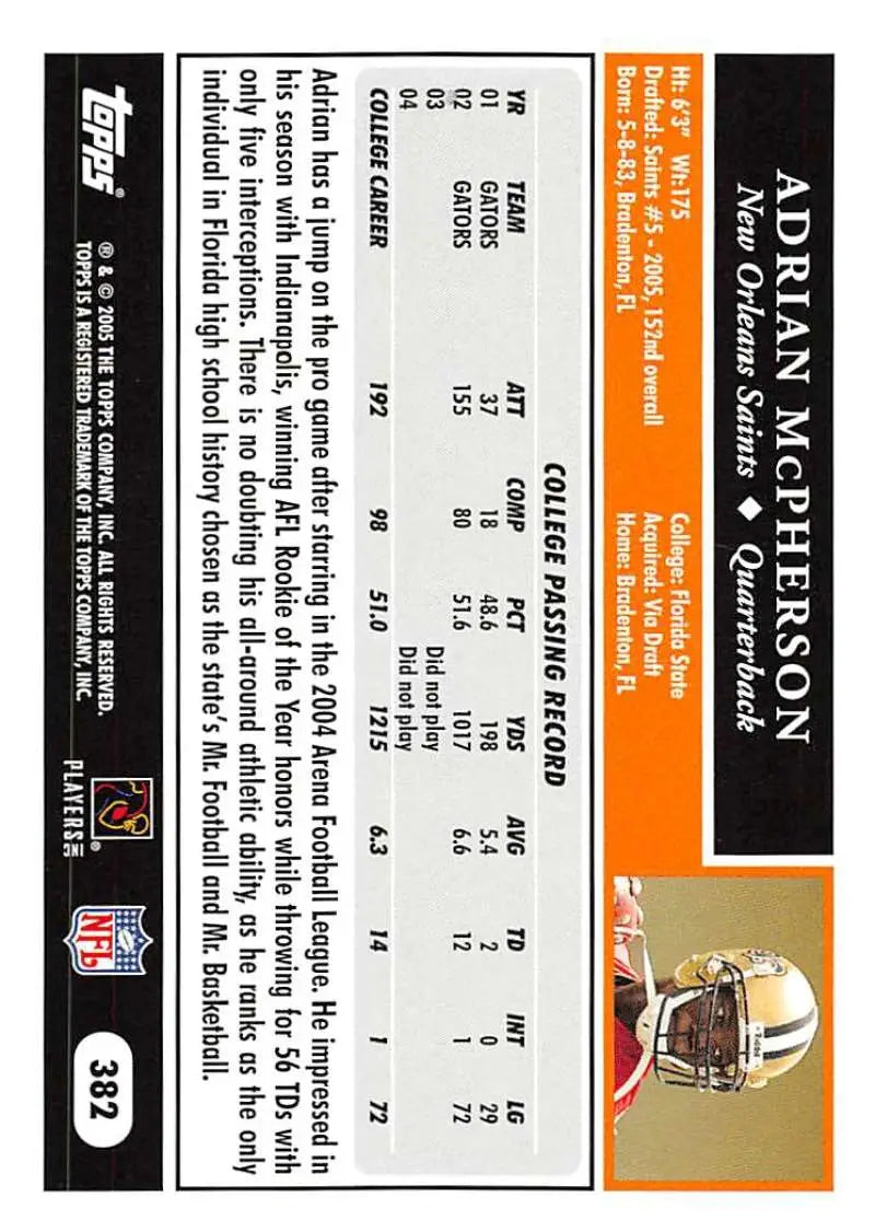 2005 Topps #382 Adrian McPherson NM-MT RC Rookie New Orleans Saints Football Card - Football Card Single