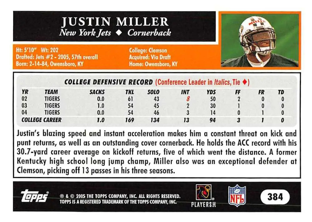 2005 Topps #384 Justin Miller NM-MT RC Rookie New York Jets Football Card - Football Card Single