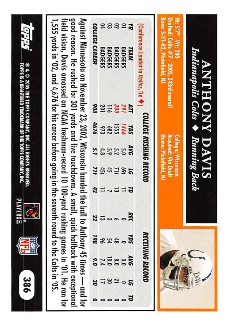 2005 Topps #386 Anthony Davis NM-MT RC Rookie Indianapolis Colts Football Card - Football Card Single