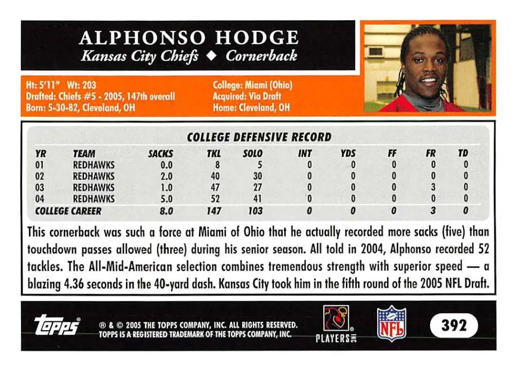 2005 Topps #392 Alphonso Hodge NM-MT RC Rookie Kansas City Chiefs Football Card - Football Card Single