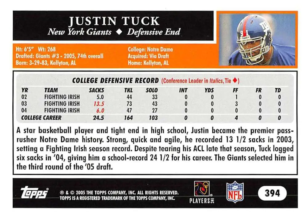 2005 Topps #394 Justin Tuck NM-MT RC Rookie New York Giants Football Card - Football Card Single