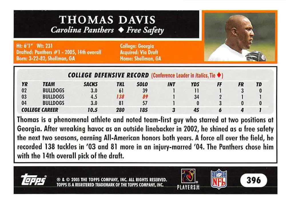 2005 Topps #396 Thomas Davis NM-MT RC Rookie Carolina Panthers Football Card - Football Card Single