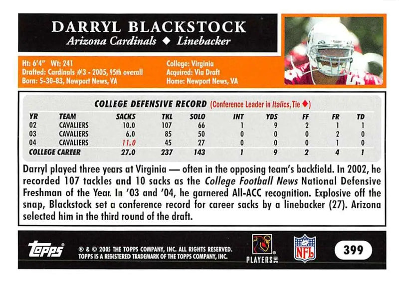 2005 Topps #399 Darryl Blackstock NM-MT RC Rookie Arizona Cardinals Football Card