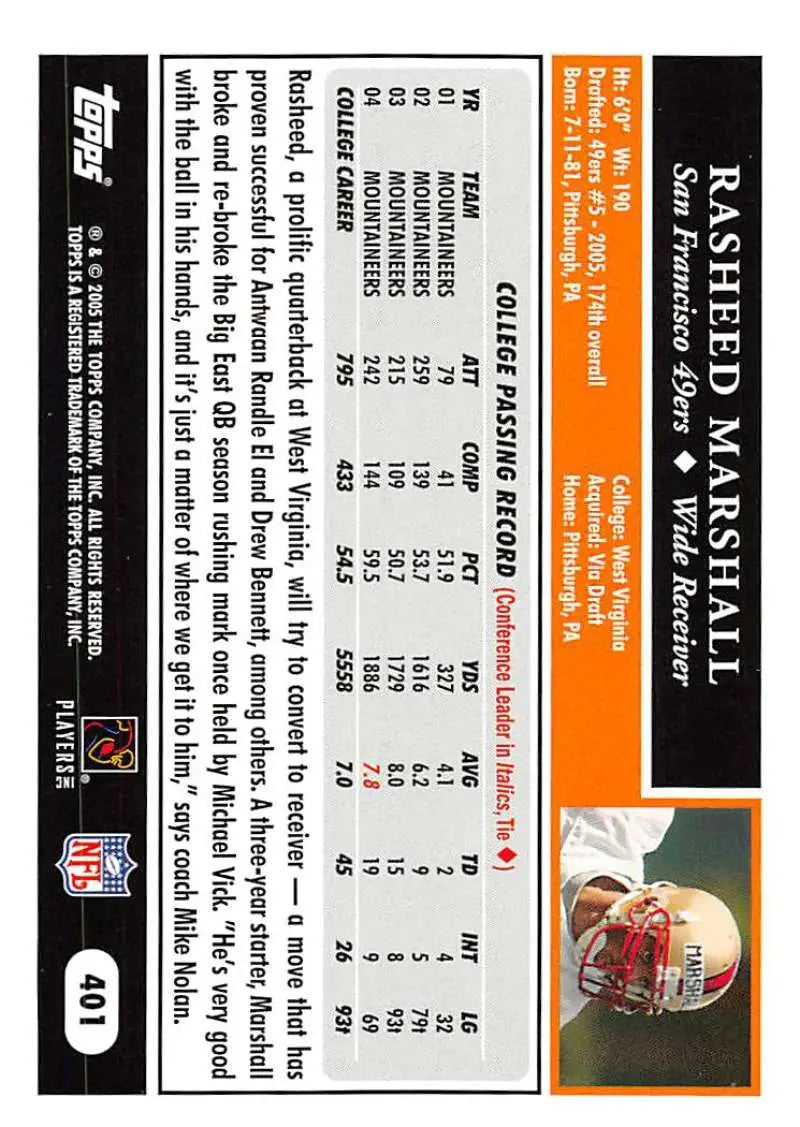 2005 Topps #401 Rasheed Marshall NM-MT RC Rookie San Francisco 49ers Football Card - Football Card Single