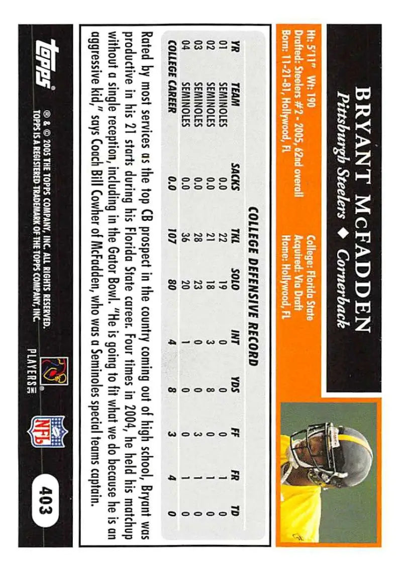 2005 Topps #403 Bryant McFadden NM-MT RC Rookie Pittsburgh Steelers Football Card - Football Card Single