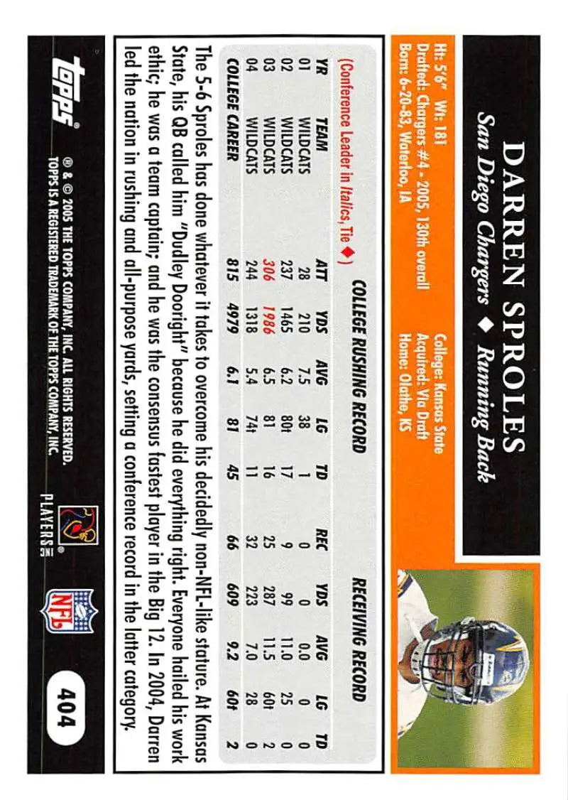 2005 Topps #404 Darren Sproles NM-MT RC Rookie San Diego Chargers Football Card - Football Card Single