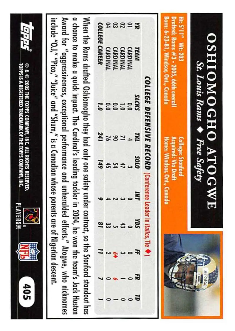 2005 Topps #405 O.J. Atogwe NM-MT RC Rookie St. Louis Rams Football Card - Football Card Single