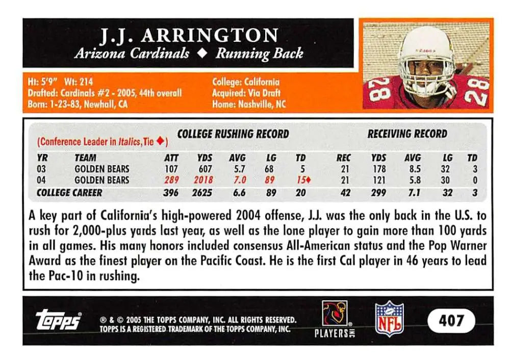 2005 Topps #407 J.J. Arrington NM-MT RC Rookie Arizona Cardinals Football Card - Football Card Single