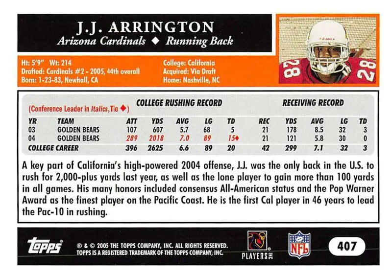 2005 Topps #407 J.J. Arrington NM-MT RC Rookie Arizona Cardinals Football Card - Football Card Single