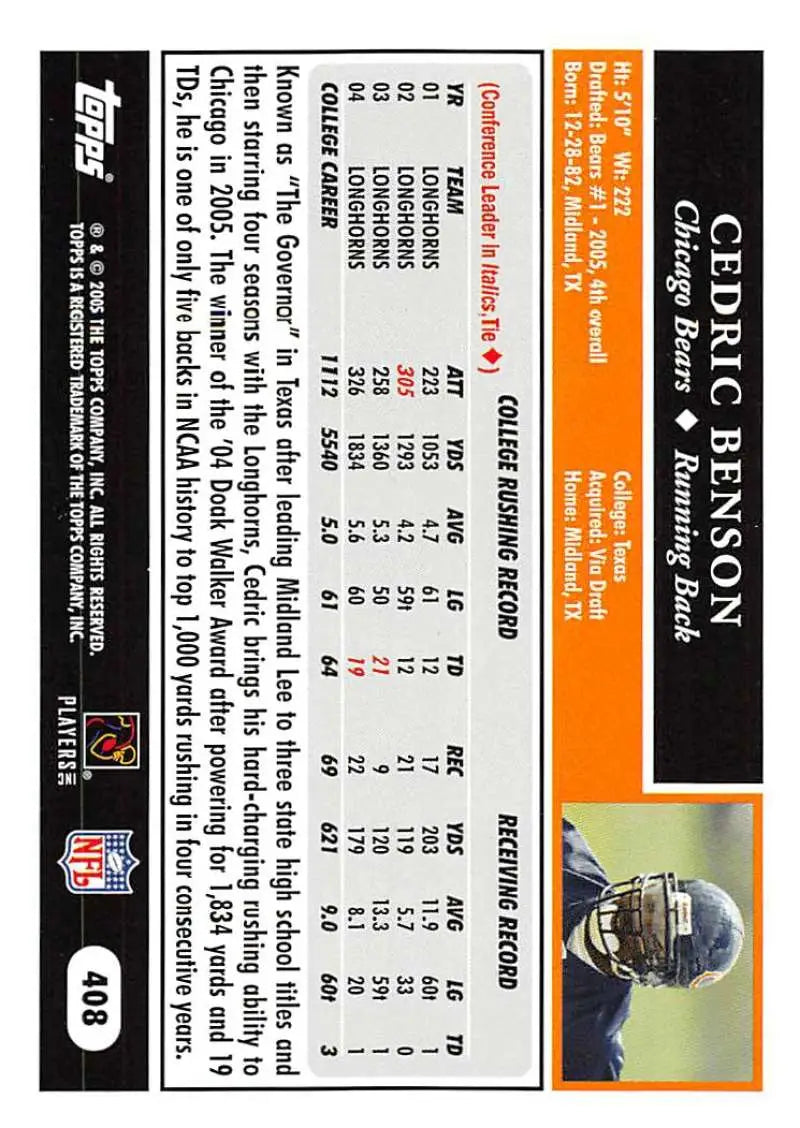 2005 Topps #408 Cedric Benson NM-MT RC Rookie Chicago Bears Football Card - Football Card Single