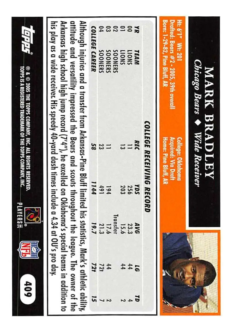 2005 Topps #409 Mark Bradley NM-MT RC Rookie Chicago Bears Football Card - Football Card Single
