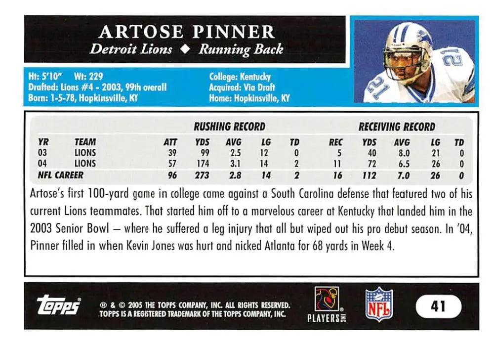 2005 Topps #41 Artose Pinner NM-MT Detroit Lions Football Card - Football Card Single