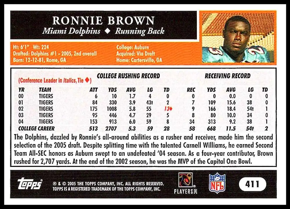 2005 Topps #411 Ronnie Brown NM-MT RC Rookie Miami Dolphins Football Card - Football Card Single