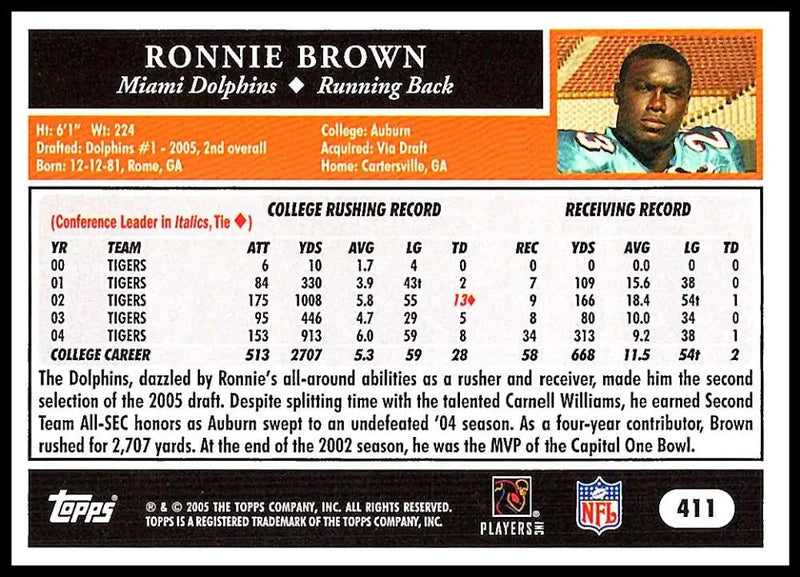 2005 Topps #411 Ronnie Brown NM-MT RC Rookie Miami Dolphins Football Card - Football Card Single