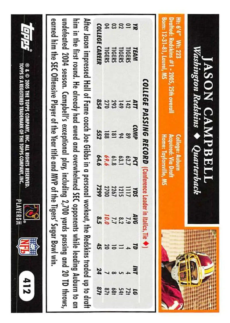 2005 Topps #412 Jason Campbell NM-MT RC Rookie Washington Redskins Football Card - Football Card Single