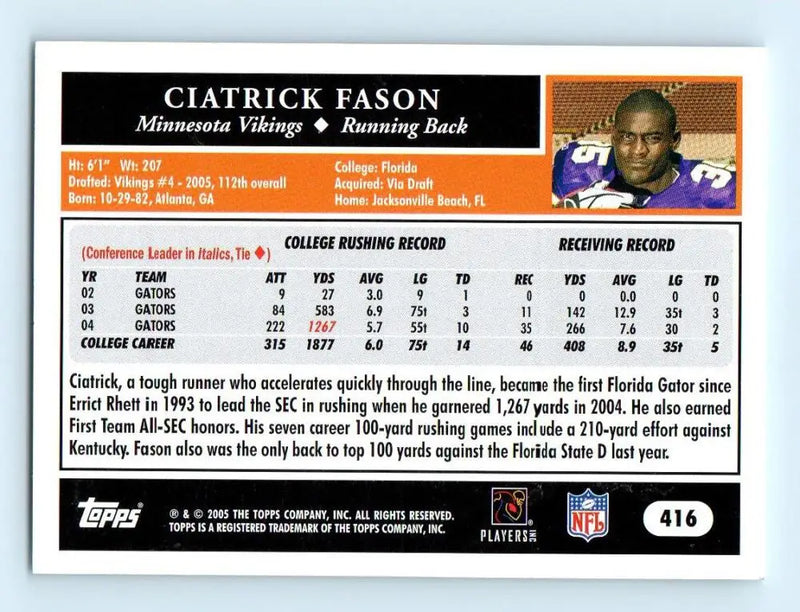 2005 Topps #416 Ciatrick Fason NM-MT RC Rookie Minnesota Vikings Football Card - Football Card Single