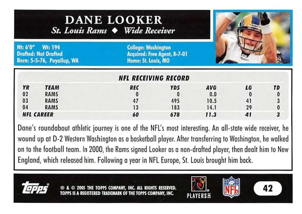 2005 Topps #42 Dane Looker NM-MT St. Louis Rams Football Card - Football Card Single