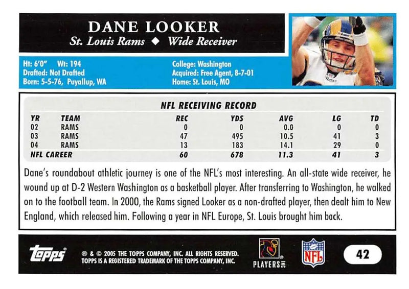 2005 Topps #42 Dane Looker NM-MT St. Louis Rams Football Card - Football Card Single