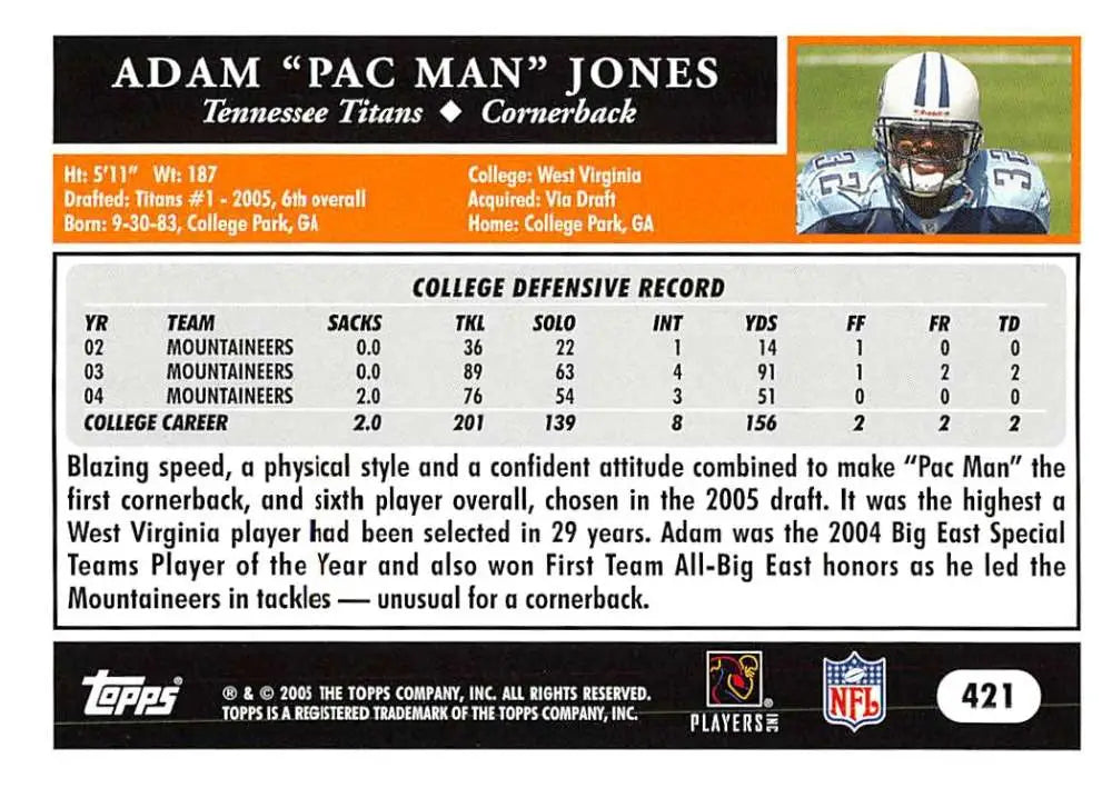 2005 Topps #421 Adam Jones NM-MT RC Rookie Tennessee Titans Football Card - Football Card Single