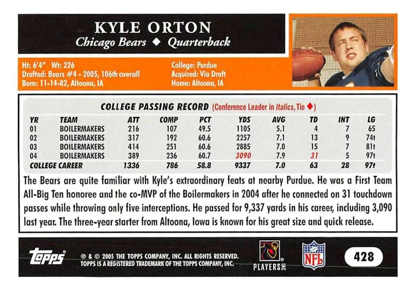 2005 Topps #428 Kyle Orton NM-MT RC Rookie Chicago Bears Football Card - Football Card Single