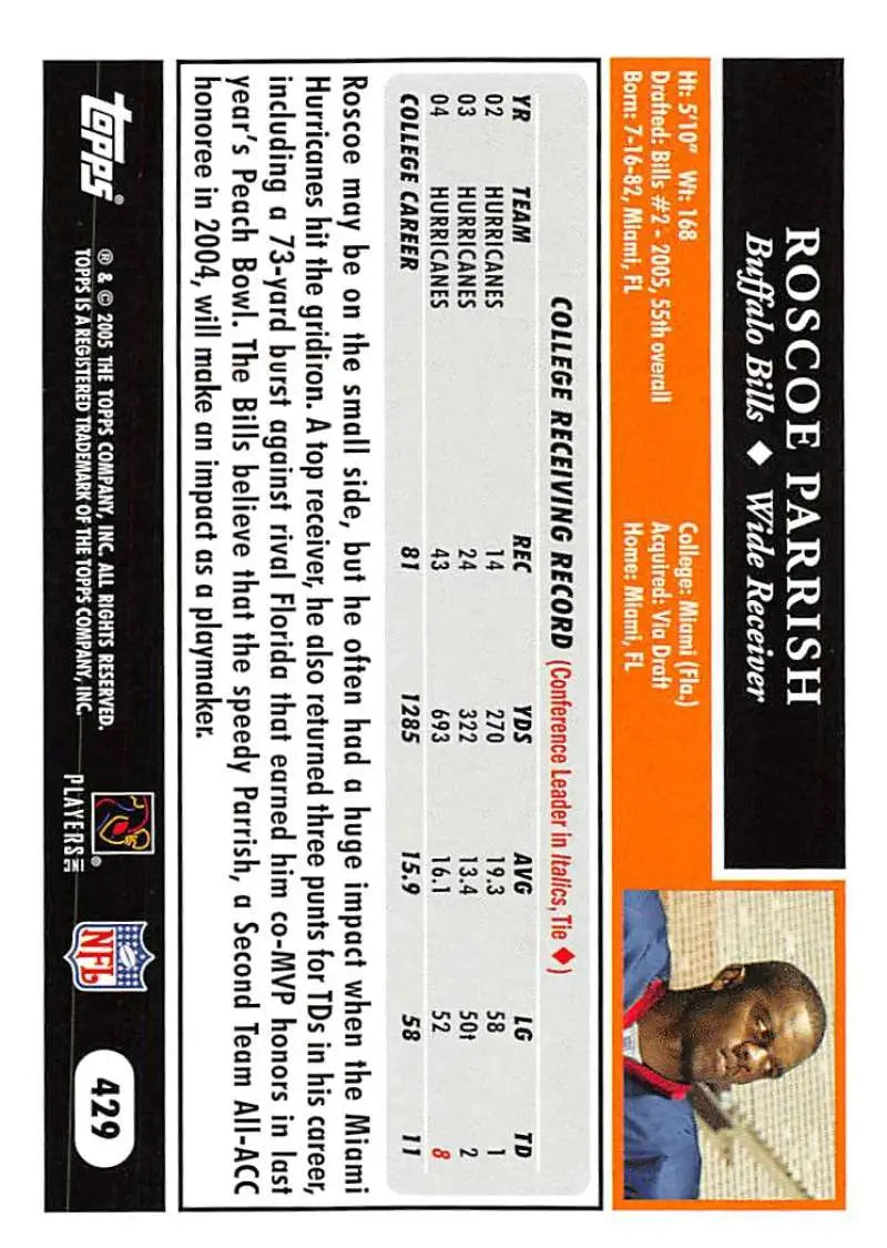 2005 Topps #429 Roscoe Parrish NM-MT RC Rookie Buffalo Bills Football Card - Football Card Single