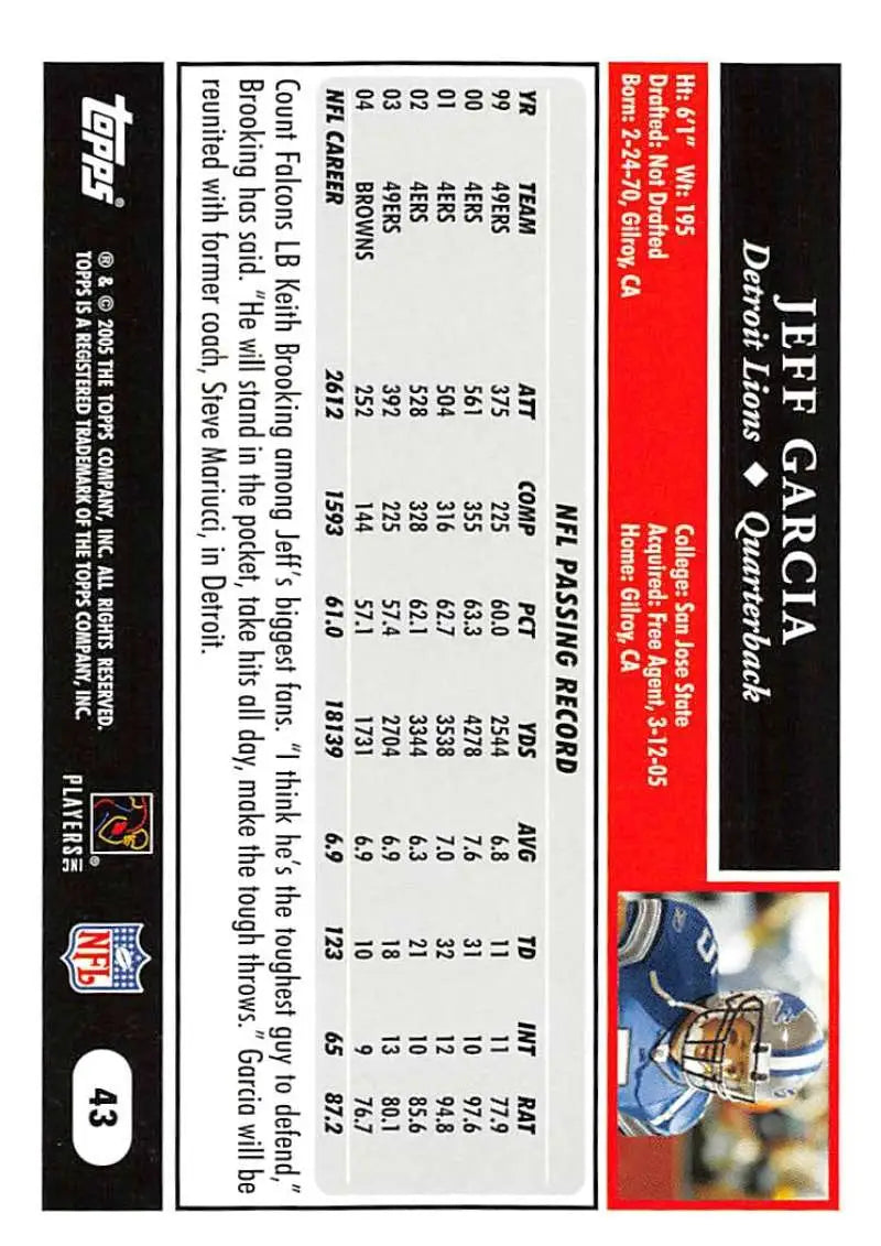 2005 Topps #43 Jeff Garcia NM-MT Detroit Lions Football Card - Football Card Single