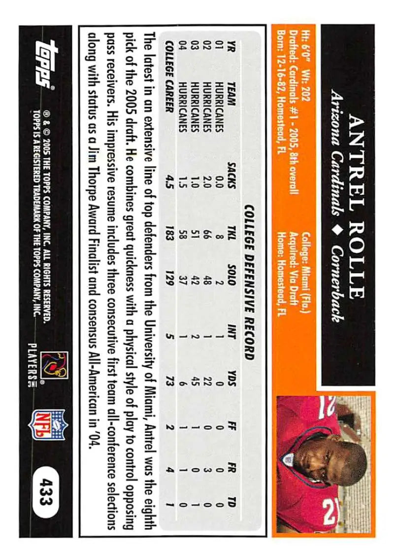 2005 Topps #433 Antrel Rolle NM-MT RC Rookie Arizona Cardinals Football Card - Football Card Single