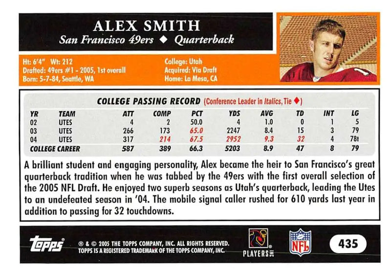 2005 Topps #435 Alex Smith NM-MT RC Rookie San Francisco 49ers Football Card - Football Card Single