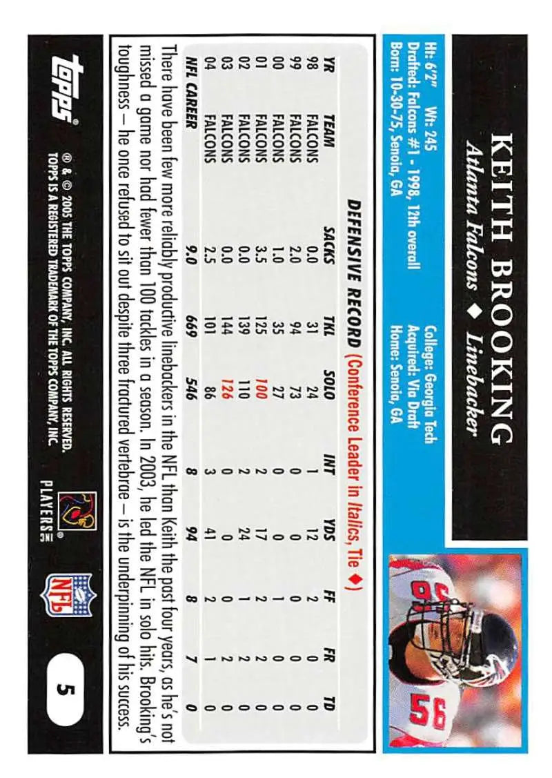 2005 Topps #5 Keith Brooking NM-MT Atlanta Falcons Football Card - Football Card Single