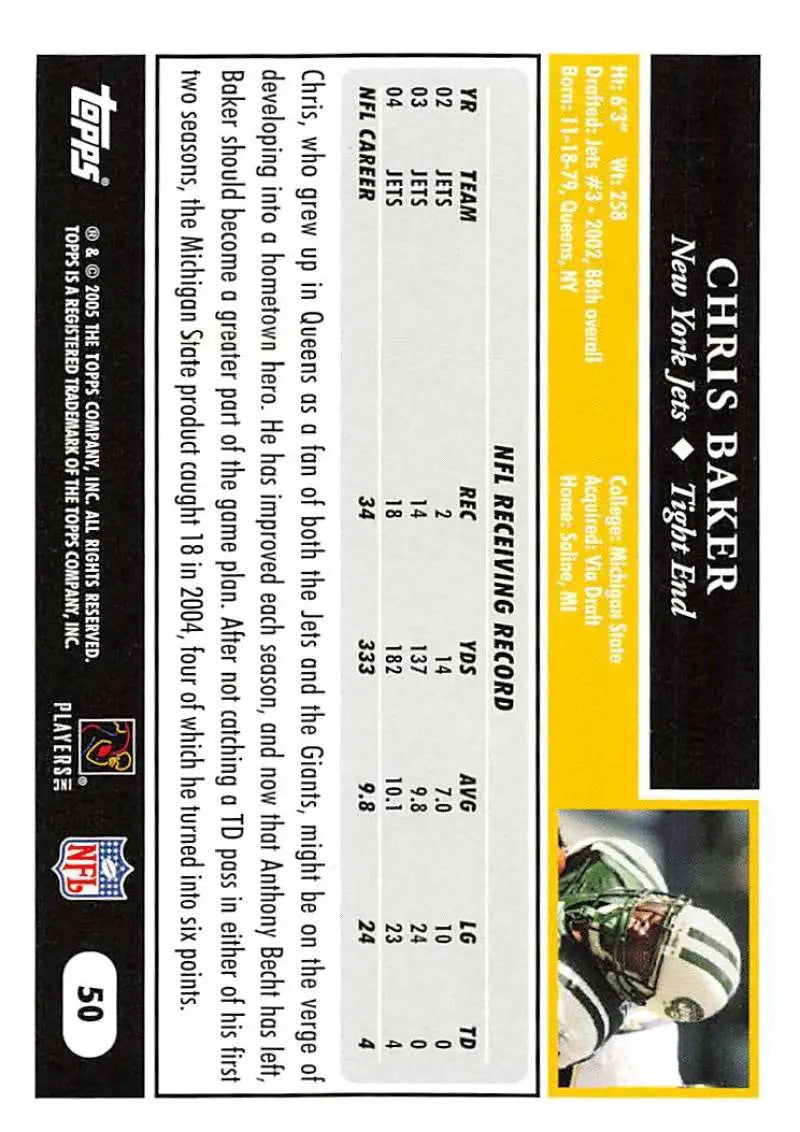 2005 Topps #50 Chris Baker NM-MT New York Jets Football Card - Football Card Single
