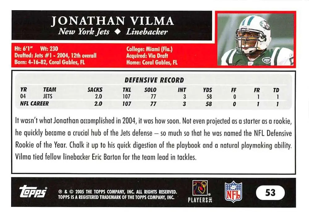 2005 Topps #53 Jonathan Vilma NM-MT New York Jets Football Card