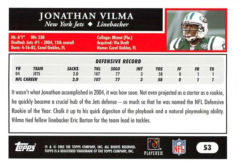 2005 Topps #53 Jonathan Vilma NM-MT New York Jets Football Card
