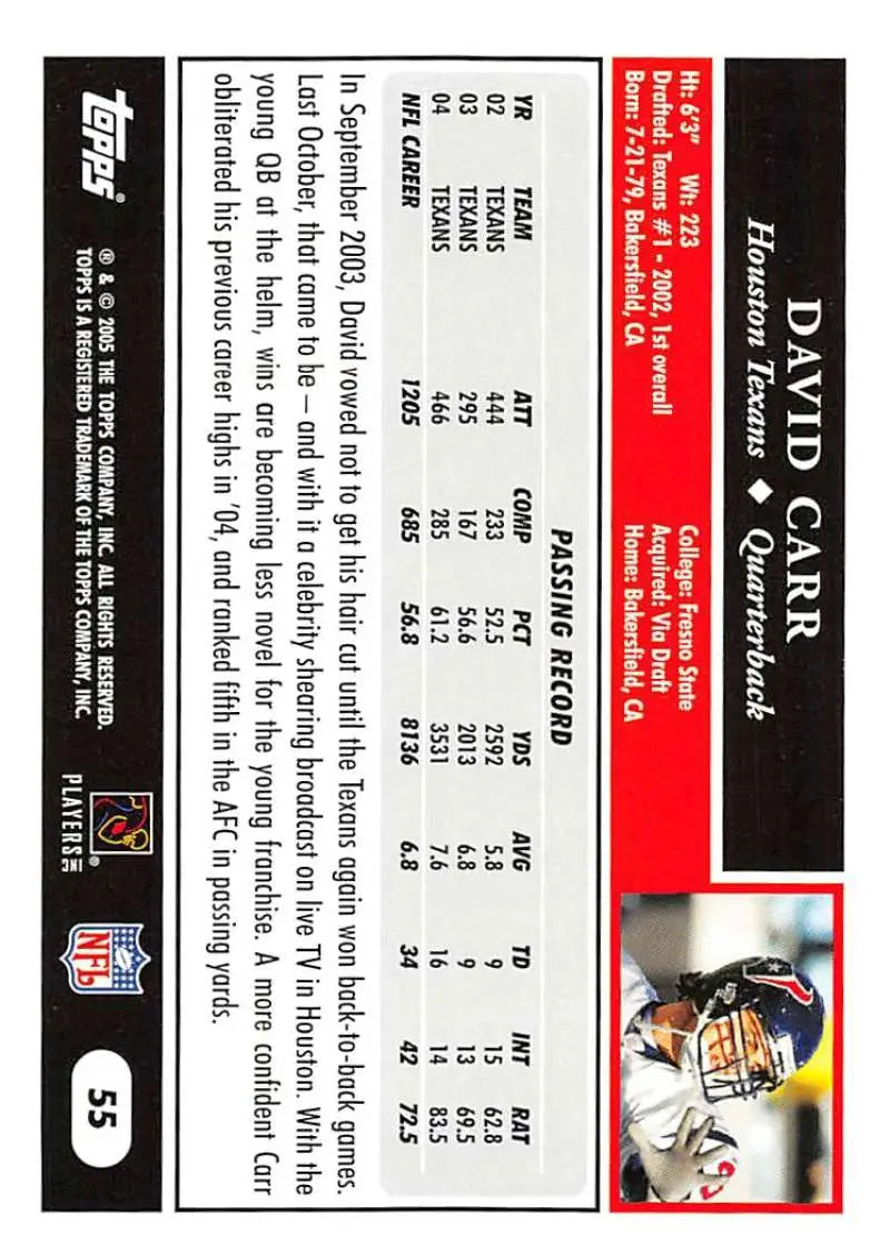2005 Topps #55 David Carr NM-MT Houston Texans Football Card - Football Card Single