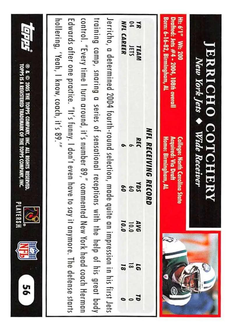 2005 Topps #56 Jerricho Cotchery NM-MT New York Jets Football Card - Football Card Single