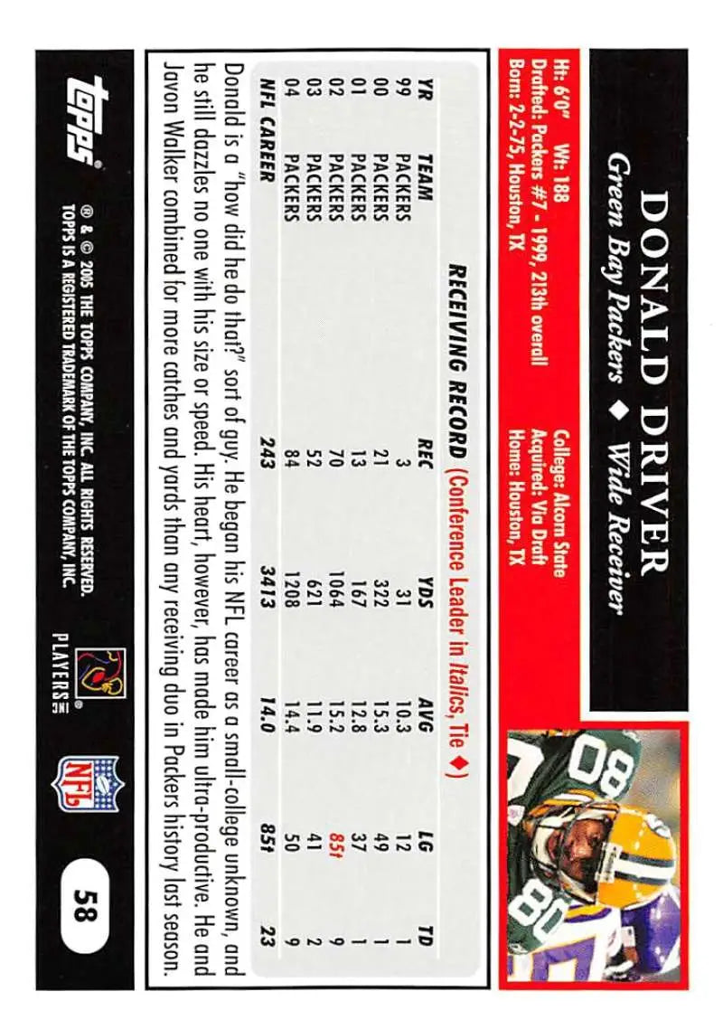2005 Topps #58 Donald Driver NM-MT Green Bay Packers Football Card - Football Card Single