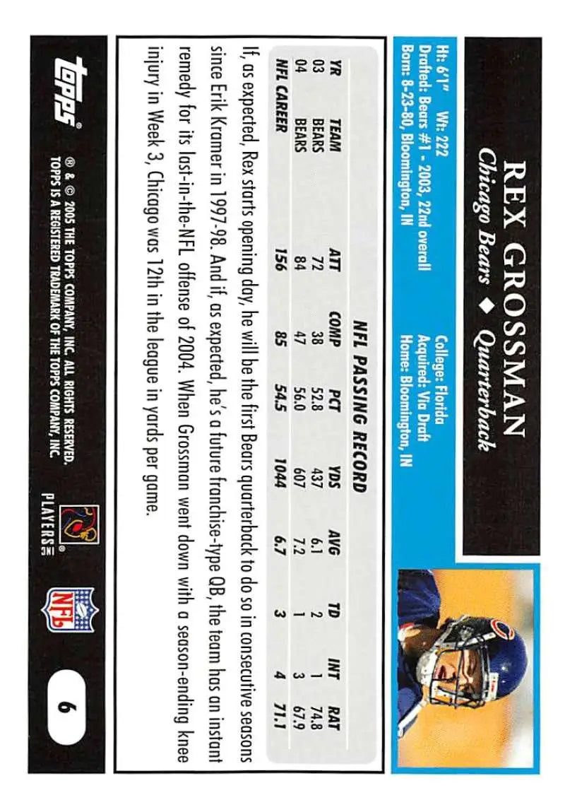 2005 Topps #6 Rex Grossman NM-MT Chicago Bears Football Card - Football Card Single