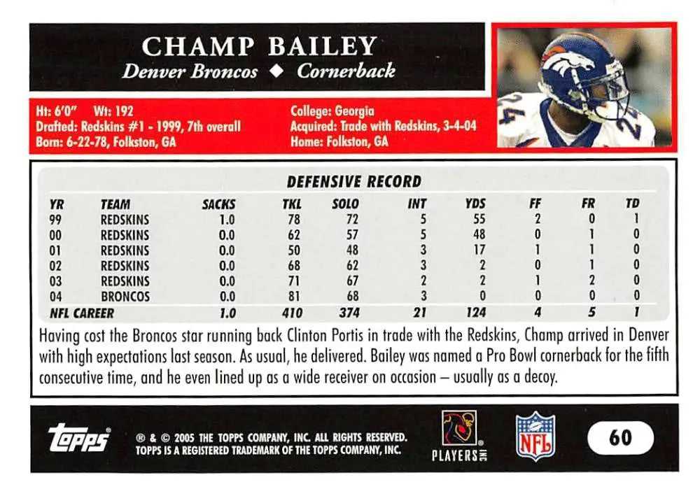 2005 Topps #60 Champ Bailey NM-MT Denver Broncos Football Card - Football Card Single