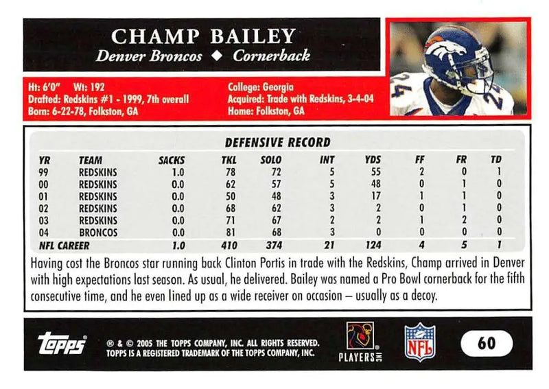 2005 Topps #60 Champ Bailey NM-MT Denver Broncos Football Card - Football Card Single