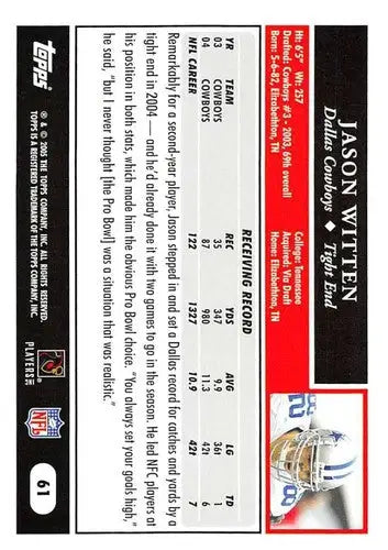 Original gloss Jason Witten 2005 Topps football card NM-MT Cowboys ID 61239