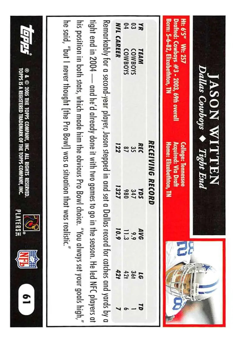 2005 Topps #61 Jason Witten NM-MT Dallas Cowboys Football Card - Football Card Single