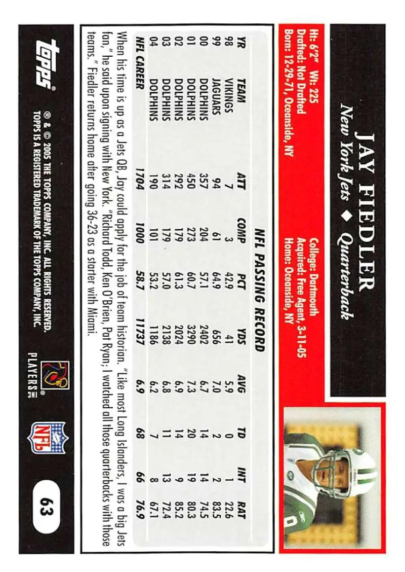 2005 Topps #63 Jay Fiedler NM-MT New York Jets Football Card - Football Card Single