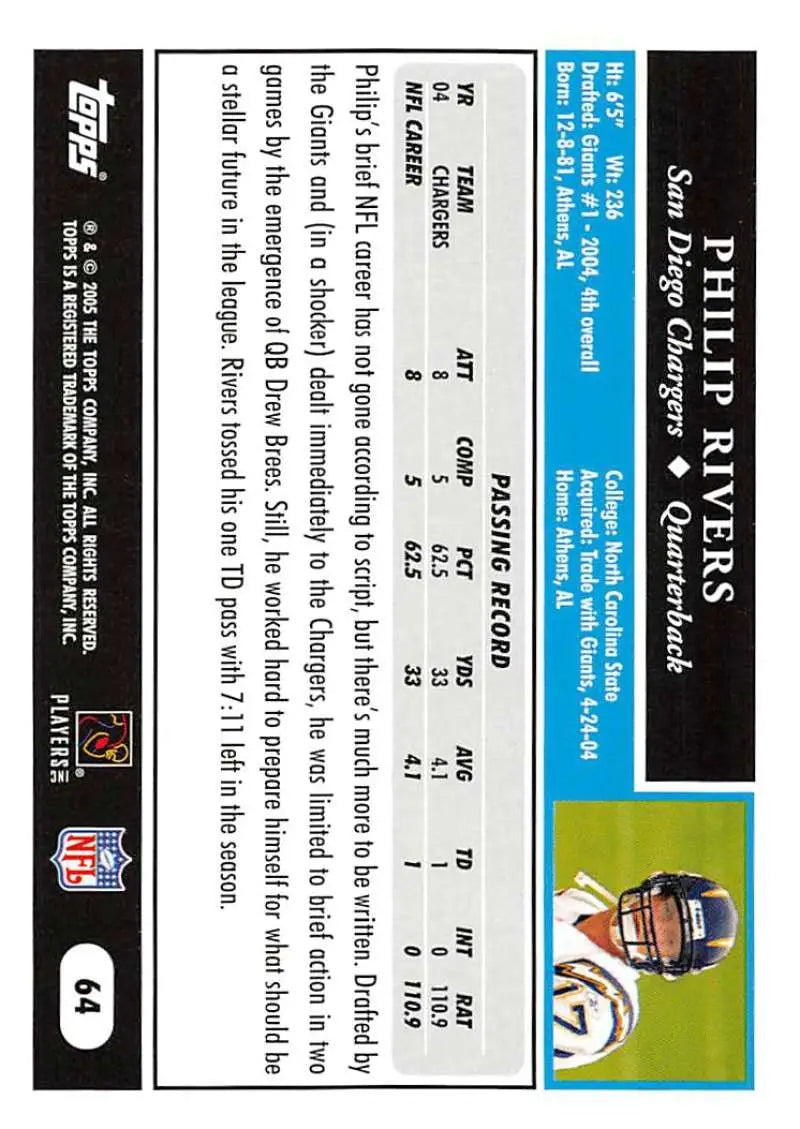 2005 Topps #64 Philip Rivers NM-MT San Diego Chargers Football Card - Football Card Single