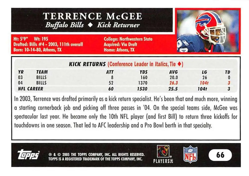 2005 Topps #66 Terrence McGee NM-MT RC Rookie Buffalo Bills Football Card - Football Card Single