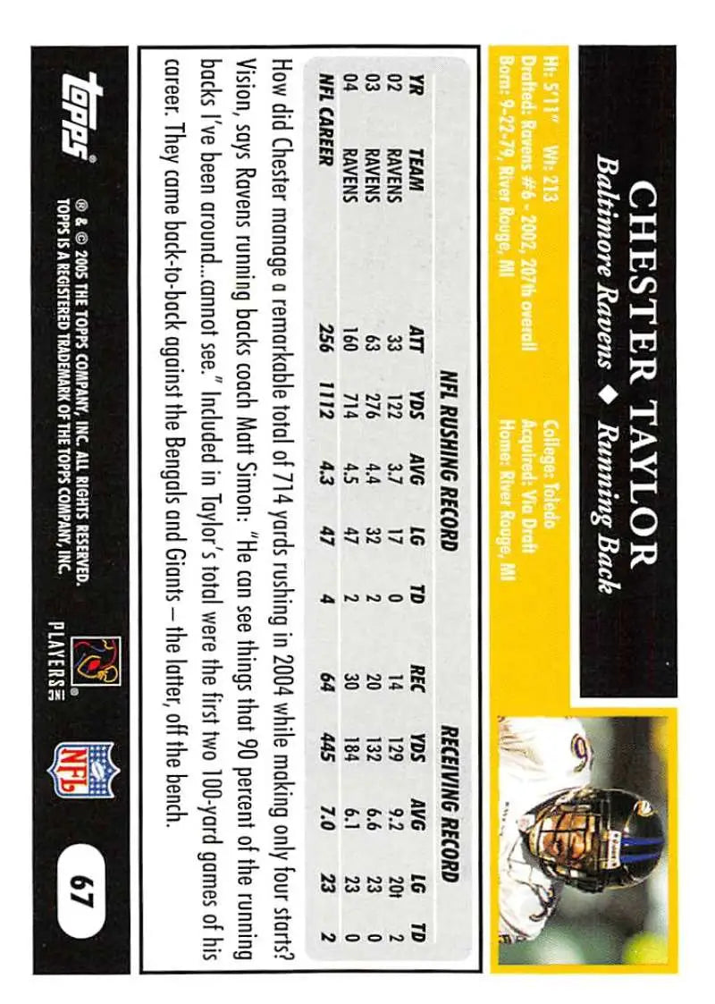 2005 Topps #67 Chester Taylor NM-MT Baltimore Ravens Football Card - Football Card Single