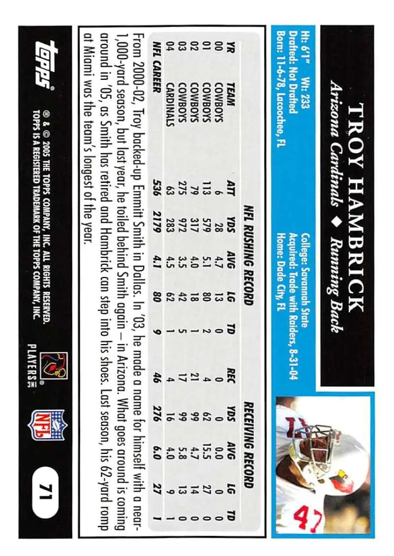 2005 Topps #71 Troy Hambrick NM-MT Arizona Cardinals Football Card - Football Card Single
