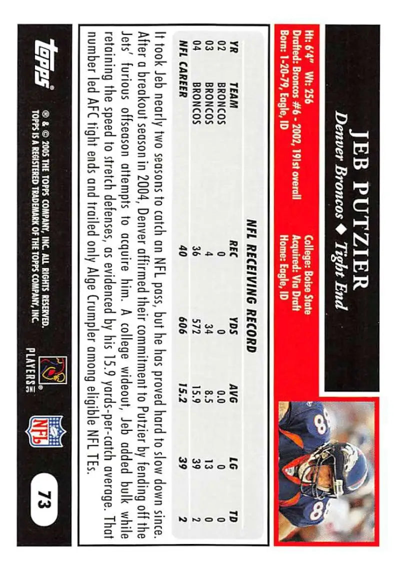 2005 Topps #73 Jeb Putzier NM-MT Denver Broncos Football Card - Football Card Single