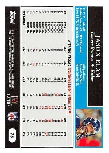 2005 Topps Jason Elam NM-MT football card with original gloss featuring Jason Elam Broncos